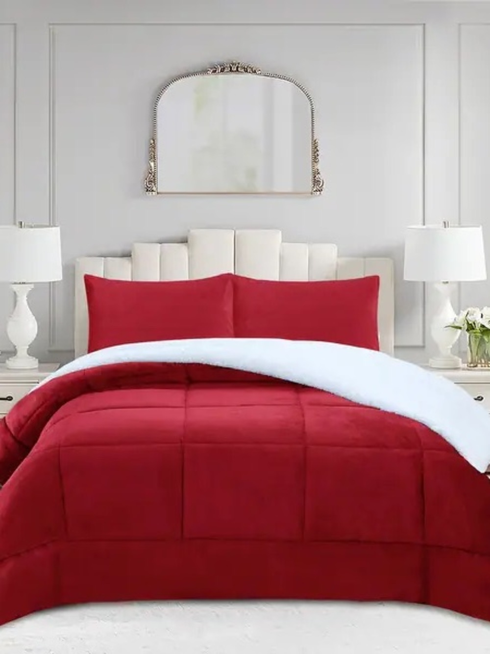 Plush Reversible Red Sherpa Queen 3 piece Comforter Set